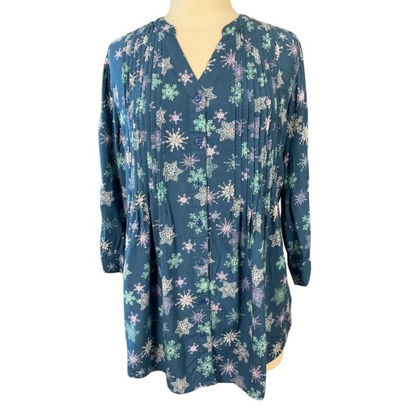 Coldwater Creek 3/4 Sleeve Pintuck Snowflake Whimsy Tunic Large Blue Aqua Purple - Picture 1 of 8